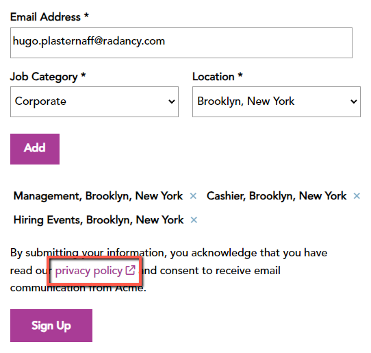 Screenshot of Job Alert form that contains a signifier link, indicating that it will open a new window.
